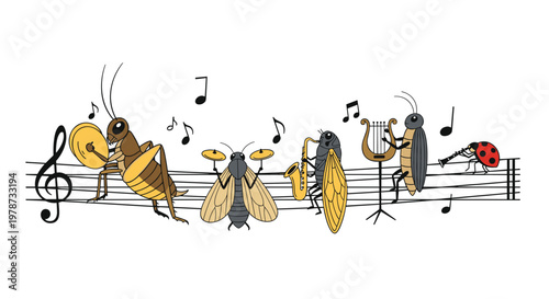 Whimsical insects like crickets and ladybugs playing various musical instruments while arranged on a musical staff line.