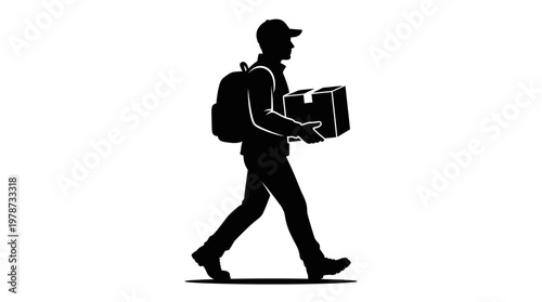 Man walking with box and backpack.