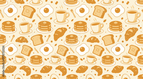 Variety of breakfast foods and drinks.