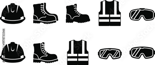 Construction safety gear icons a black and white illustration of essential protective equipment for workers on site