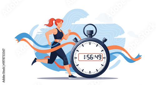 Red haired female runner crossing a finish line next to a large digital stopwatch with ocean waves in the background scene.