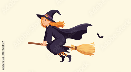 Young witch with ginger hair flying through the air on a broomstick accompanied by a small black bat against a pale yellow.