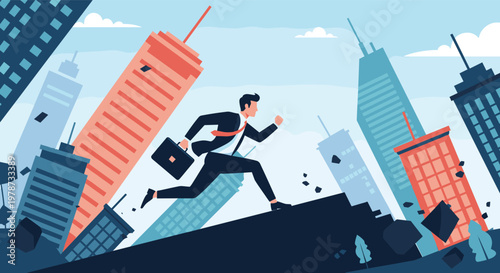 Determined businessman running uphill toward a goal while carrying a briefcase amidst a landscape of falling city buildings.