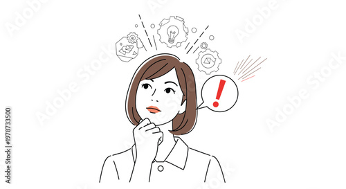 Thoughtful woman looking upward with gears and a lightbulb icon above her head symbolizing an idea or problem solving task.