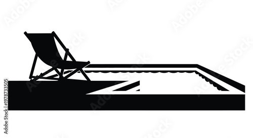 A black and white illustration of a poolside lounge chair and rectangular pool