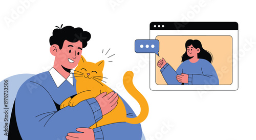 Young man holding a ginger cat while having a video call with a smiling woman on a computer screen in a home office setting.
