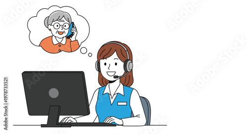 Female customer support agent wearing a headset and smiling while thinking about an elderly woman talking on a mobile phone.