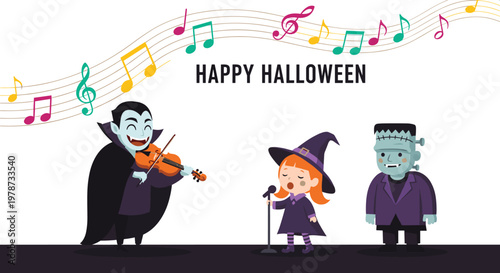 Halloween performance featuring a vampire playing violin, a witch singing, and a Frankenstein monster on a stage with notes.