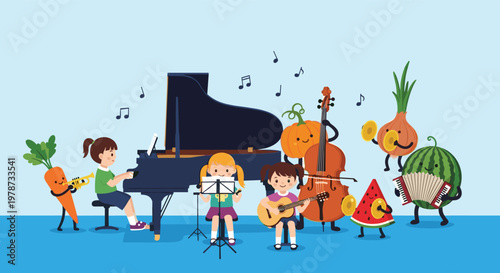 Children and anthropomorphic fruit and vegetable characters playing instruments like piano and cello in a musical ensemble.