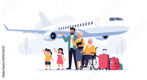 Happy multi-generational family standing in front of an airplane at an airport with suitcases and a wheelchair for travel.