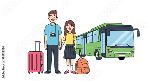 Smiling man with a camera and a young schoolgirl holding hands in front of a green bus with their travel bags and luggage.