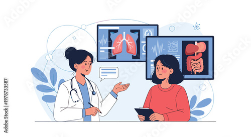 Female doctor in a white coat explaining medical results to a female patient while pointing to lung and digestive system scans.