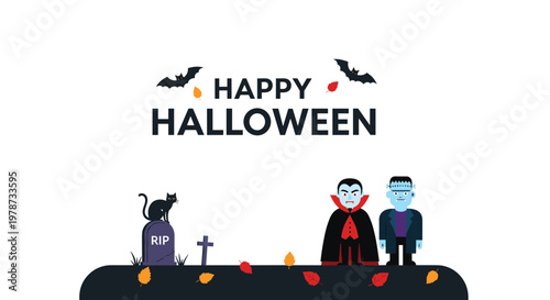 Halloween scene featuring a vampire and Frankenstein monster standing in a graveyard with a black cat on a tombstone tomb.
