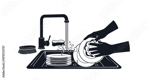 Washing dishes at a sink with a hand and plate black silhouette