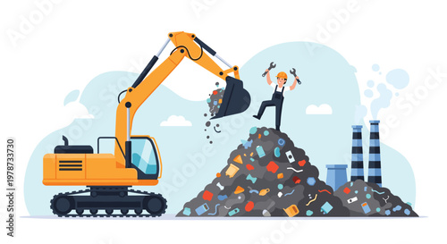 Yellow excavator moving trash in a landfill with a happy worker holding wrenches and celebrating on a pile of garbage waste.