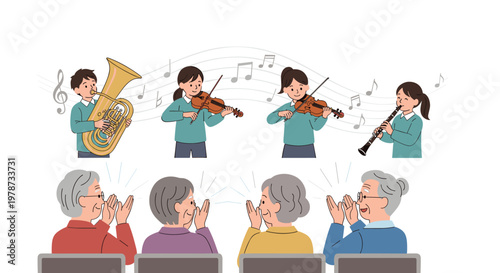Children performing a musical concert with tuba, violin, and clarinet for a group of appreciative clapping elderly people.
