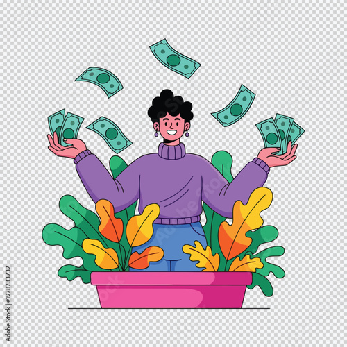 Woman with money and flowers plant wealth
