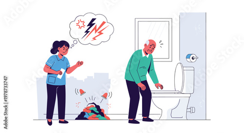 Angry nurse in a thought bubble scolding a senior man standing near a toilet in a bathroom with a pile of dirty clothes.