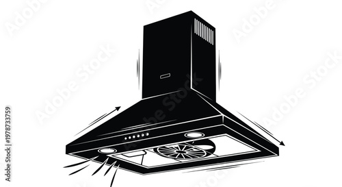 Modern kitchen range hood illustration with airflow lines a striking silhouette