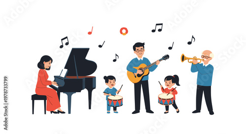 Happy family band with parents, children, and a grandfather playing various musical instruments together in a living room.