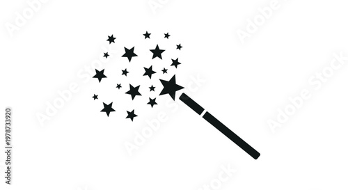 A black magic wand emits sparkling stars in a simple silhouette