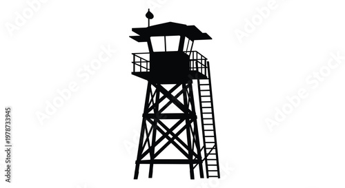 A stark black watchtower stands against a white backdrop a dramatic silhouette