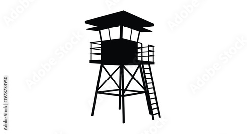 Black watchtower structure against a white background a stark silhouette
