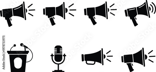 A collection of black silhouette icons depicting various audio communication devices including megaphones and microphones
