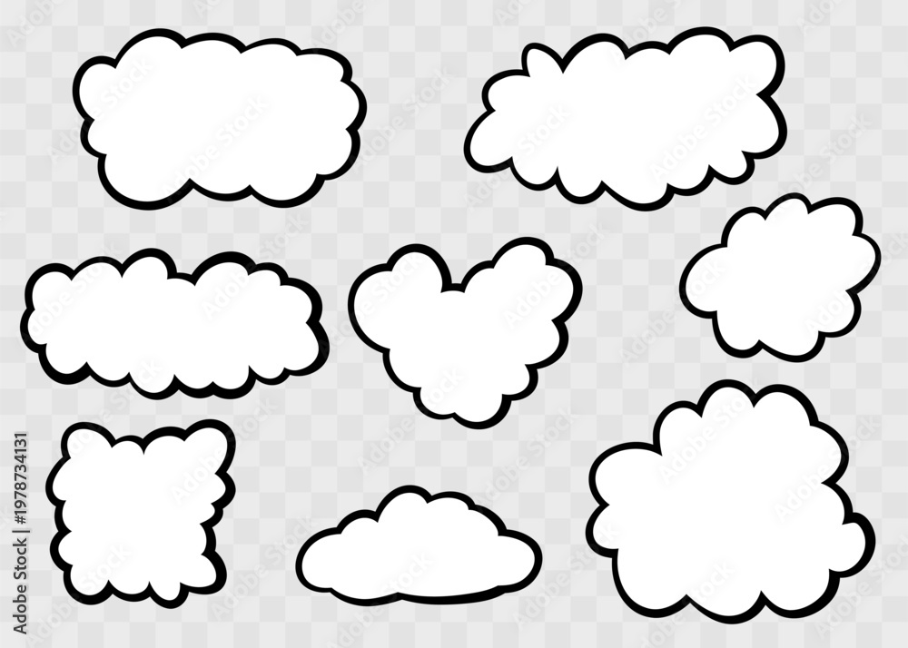 Obraz premium Vector set of black ink hand drawn cloud speech bubbles and fluffy frames. Cute outline doodle elements isolated on transparent background for messages, comics and creative design projects.