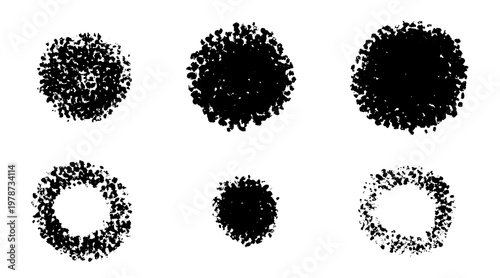 Vector set of hand drawn black ink stipple textures and grainy round splatters. Circular sponge textures and rough stippled blots isolated on white for grunge design effects.
