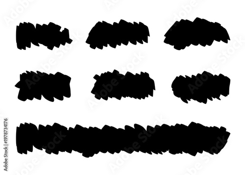 Black permanent marker strokes and highlighter scribbles set. Hand drawn ink textures, thick hatches and textured lines isolated on transparent background. Vector elements for underline and emphasis.