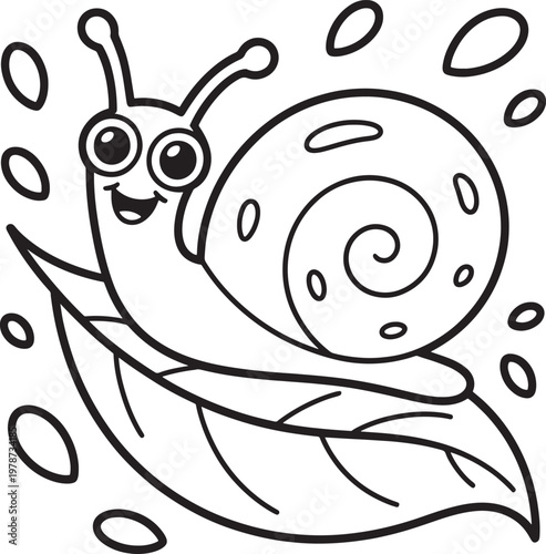 happy cartoon snail on leaf with spiral shell