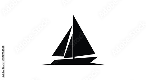 A striking black silhouette of a sailboat with sharply angled sails against a plain white background silhouette