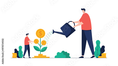 Cooperative investment and financial growth concept featuring a team watering a plant that produces gold dollar coins.