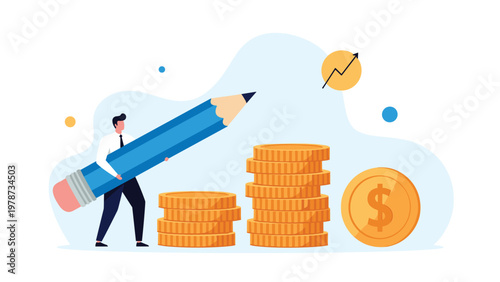 Creative work and financial success concept featuring a professional holding a large pencil next to stacks of gold coins.
