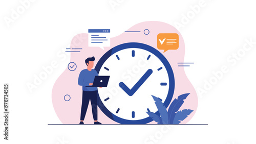 Time management and deadline completion concept showing a professional with a laptop next to a large clock and check mark.