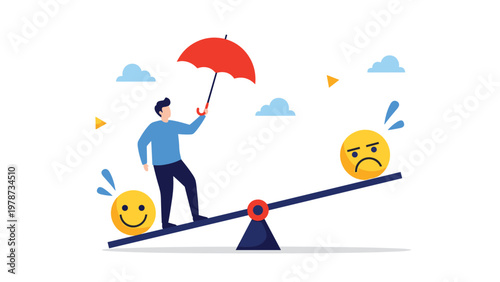 Emotional balance and life satisfaction concept featuring a person on a seesaw balancing happy and sad emoji faces.