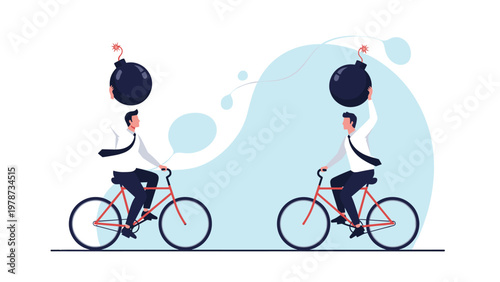 Risky business and competition concept showing two professionals riding bicycles while carrying large explosive bombs.