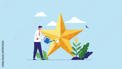 Achievement and talent nurturing concept showing a businessman watering a plant shaped like a large golden star.