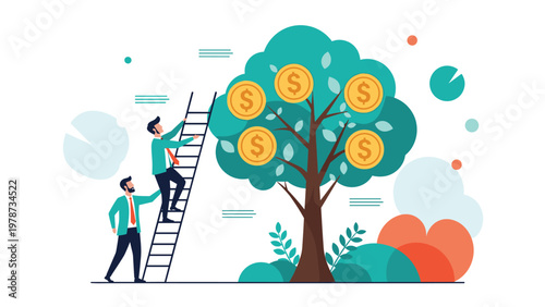 Wealth accumulation and business profit concept showing professionals using a ladder to harvest coins from a tree.