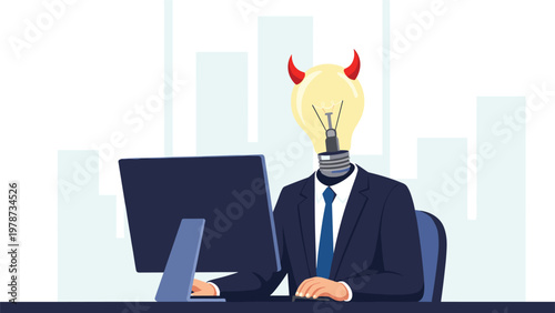 Evil genius or unethical business idea concept with a professional having a lightbulb head with red devil horns.