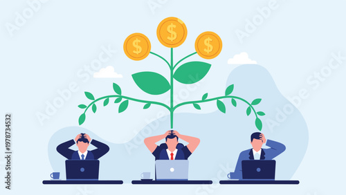 Financial stress and business pressure concept showing stressed professionals working under a tree growing money coins.