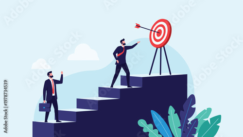 Career advancement and goal attainment concept showing professionals climbing a large staircase towards a bullseye target.