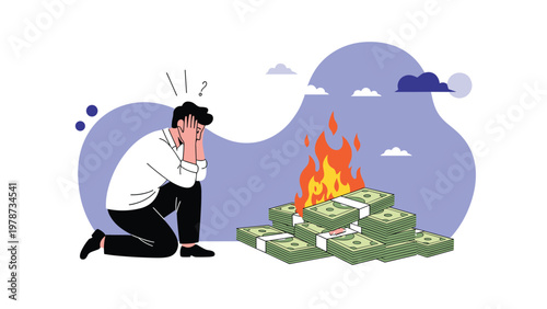 Financial loss and economic crisis concept featuring a man kneeling in despair next to a stack of burning cash.
