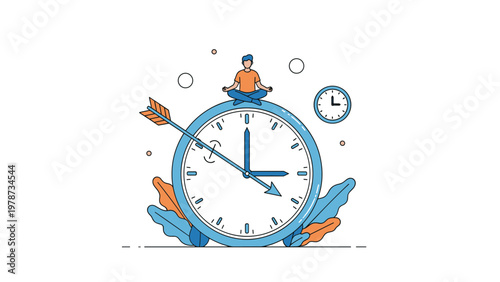 Time management and mindfulness concept with a person meditating on a large clock representing calmness under pressure.