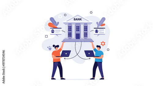 Modern banking and financial support concept showing professionals holding a bank building while using laptops.