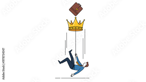 Loss of power and career downfall concept showing a businessman falling away from a large golden crown into the void.