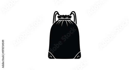 A minimalist black silhouette depicts a drawstring sack backpack with defined straps and a rounded base silhouette