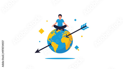 Global mindfulness and world peace concept with a person meditating on a globe with a large double ended arrow.