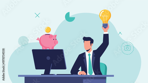 Financial innovation and smart savings concept featuring a professional holding a lightbulb next to a computer and piggy bank.